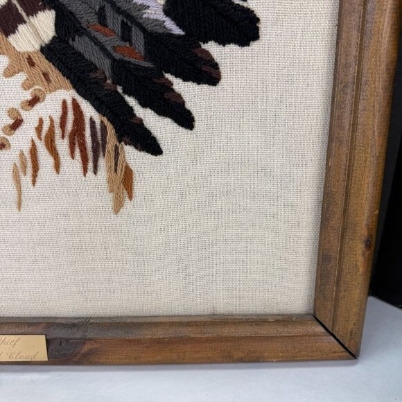 Vintage Framed American Indian Chief Crewel Embroidery Art 16" X 20" Wall Décor - Picture 8 of 14
